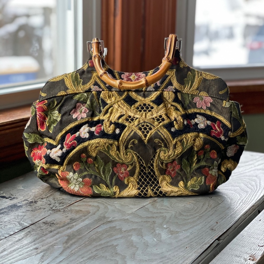 Talbots brocade purse with bamboo handle